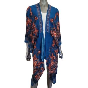 148B. Flying Tomato Blue Floral Kimono Cardigan Swimsuit Coverup - Size S/M